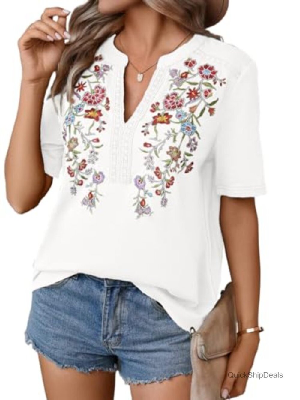 Embroidered Mexican Tunic Top Floral V Neck Short Sleeve